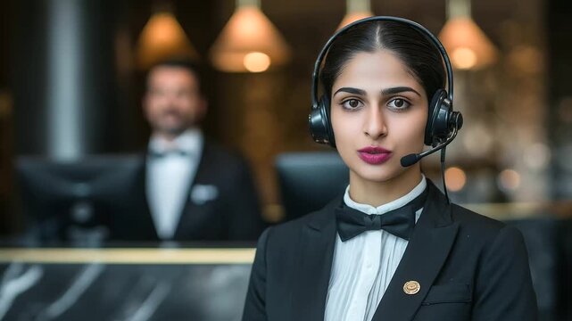 Professional Indian receptionist assisting guests with check-in at hotel lobby, welcoming atmosphere, modern reception area with technology tools and gues