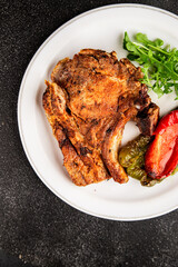 Steak pork barbecue meat tasty snack fresh delicious gourmet food background on the table rustic food top view copy space