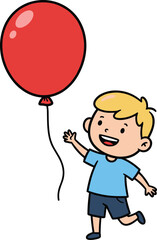 Happy blonde boy holding red balloon, cartoon character child smiling and playing, cheerful kid vector illustration, fun children clipart design