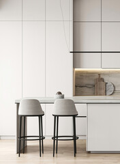 Modern nature style white kitchen interior design with island and panoramic background. 3d rendering. High quality 3d illustration