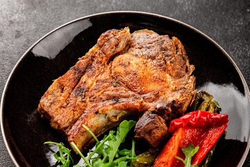 Steak pork barbecue meat tasty snack fresh delicious gourmet food background on the table rustic...