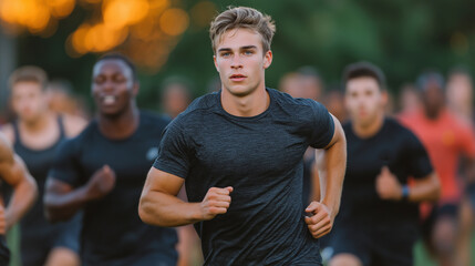 Young athlete practices running during evening training session