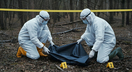 Forensic investigators meticulously examining crime scene evidence in a secluded forest environment with caution tape
