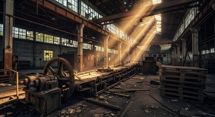 Fototapeta premium Abandoned Industrial Factory Interior with Sunlight Rays Streaming Through Windows
