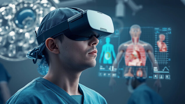 Surgeon using virtual reality headset with holographic anatomy projection in futuristic medical environment

