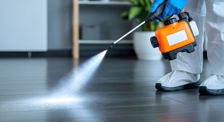 Fototapeta premium Professional sanitization worker spraying disinfectant, preventing virus spread with modern equipment in a modern home environment