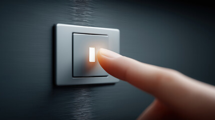 Hand reaching to turn on a light switch in a dark room