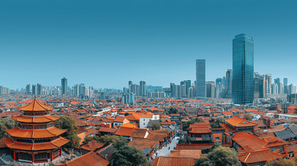 Contrast of traditional temples and modern towers in cityscape