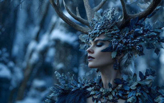 Mystic maiden adorned with antlers and forest elements in a snowy woods. Pagan winter deity. New Year, Yule, Christmas concept. Design for fantasy poster, art print, or book cover. High quality - Powered by Adobe