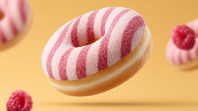 A donut with striking pink and white stripes is levitating against a warm yellow background. A blurred raspberry and another donut are visible in the background, enhancing the sweet and playful mood