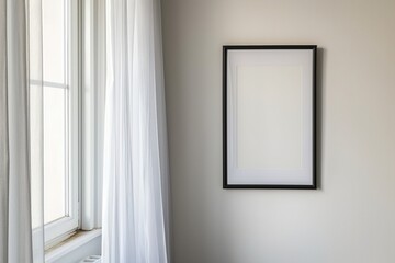 blank frame on light wall near sheer window in minimalist home interior soft daylight clean negative space copyspace concept of branding lifestyle decor photography