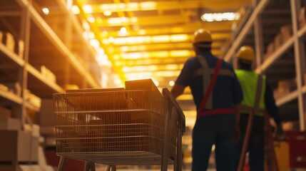 shopping cart inside warehouse aisle at sunset with workers in safety vests blurred background logistics teamwork concept of supply chain retail manufacturing