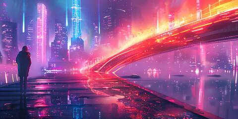 Obraz premium Lone Figure on Neon Street with Futuristic Cityscape and Bridge