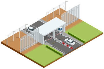 Fototapeta na wymiar Isometric border checkpoint with cars, barriers, and inspection booths. Concept of migration, travel control, and border security