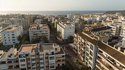 Fototapeta premium Stock aerial image of an urban city neighborhood with residential buildings, streets and rooftops, created as a resource for real estate, housing and architecture projects. Not a specific locations