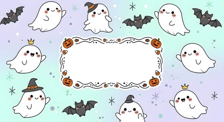 Adorable Halloween background featuring kawaii ghosts, bats, and a decorative frame with copy space for your message
