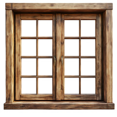 Detailed Wooden Window Frame with Three Panes Isolated on Transparent Background, Classic Wooden Window Architecture Element, Decorative Three-Pane Wooden Window Isolated