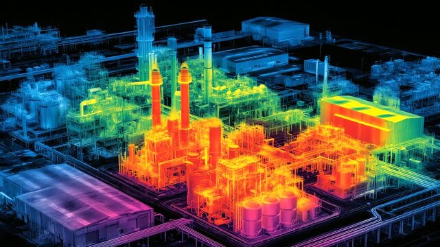 Thermal imaging of active industrial machinery and equipment in operation, hot zones glowing in bright colors, cold areas shaded, showing thermal dynamics and factory monito