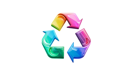 Vibrant rainbow colored recycling symbol with glossy finish on a textured gray background