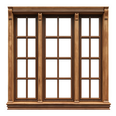 Detailed Wooden Window Frame with Three Panes Isolated on Transparent Background, Classic Wooden Window Architecture Element, Decorative Three-Pane Wooden Window Isolated