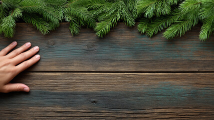 Hand touching wooden surface decorated with pine branches