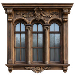 Detailed Wooden Window Frame with Three Panes Isolated on Transparent Background, Classic Wooden Window Architecture Element, Decorative Three-Pane Wooden Window Isolated