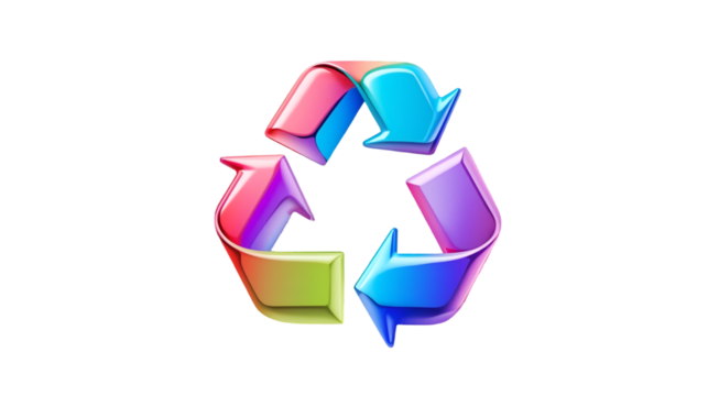 Vibrant and colorful 3d recycling symbol with glossy arrows on a transparent background