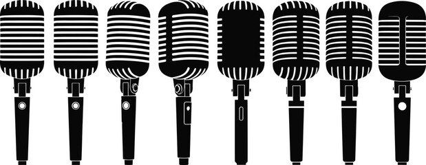 Vintage microphone silhouette collection, retro audio mic vector set, classic recording equipment icons, music concert tools, black studio microphone illustration