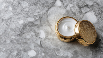 Luxurious cream in elegant container on marble surface