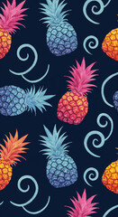 Watercolor Pineapple Pattern with Colorful Swirls on Dark Blue