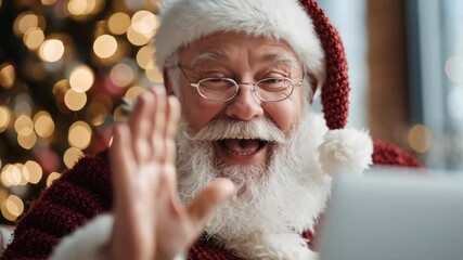 A smiling Santa Claus waving at the camera. He is wearing a red hat and glasses. He is sitting in front of a Christmas tree - Powered by Adobe