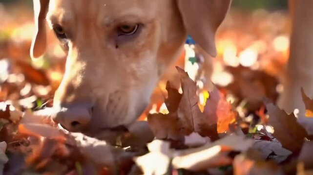 Dog exploring autumn leaves