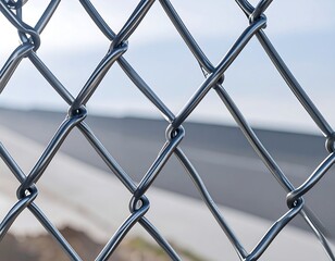 Close-up of chain-link fence, blurred highway beyond