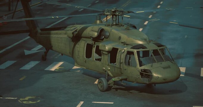 A military helicopter stands still on a deserted city street, its dark green exterior contrasting the fading light. The atmosphere is eerie and quiet, amplifying the vehicles imposing presence.