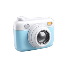Light-blue, cartoonish digital camera icon.  3D rendering of a simple, pastel-toned camera, with a lens and various controls.  White accents