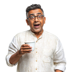 South Asian man with coffee surprised expression on transparent bg