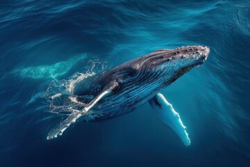 Naklejka premium Humpback whale with calf swimming near surface of deep blue pacific ocean, splashing and creating waves, aerial shot from drone in summer