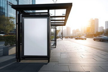 Blank Billboard for Advertisement at a Bus Stop on a Modern City Street: Outdoor Advertising Mockup