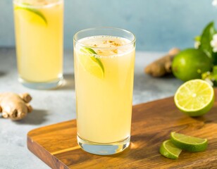 Fototapeta premium Refreshing Ginger Lime Drink on Wooden Table Setup