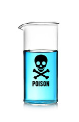 Poison warning symbol on glass beaker with blue liquid against white background
