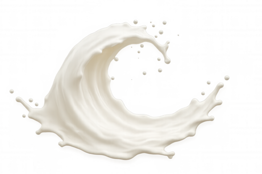 Creamy milk wave splashing, forming elegant curling pattern with scattered droplets against transparent backdrop