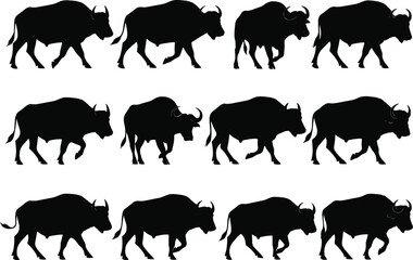 Buffalo silhouette collection, wild animal vector set, African wildlife icons, black buffalo illustration, walking herd silhouettes, nature symbols, isolated on white background