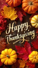 Happy Thanksgiving text on wooden background with pumpkins, yellow and red autumn maple leaves. Vertical holiday card