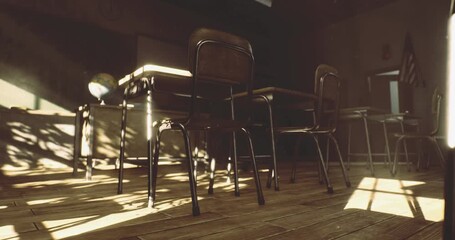 Soft rays of sunlight illuminate a quiet classroom with empty desks and chairs scattered across the wooden floor, creating a tranquil yet nostalgic atmosphere in the late afternoon. - Powered by Adobe
