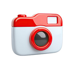 Cartoonish red and white camera icon.  A stylized, simplified camera, in red and white, is depicted. The camera has rounded edges and a large, glossy red lens