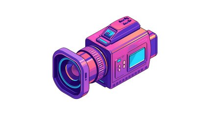 Futuristic isometric digital camcorder with vibrant pink and purple neon accents