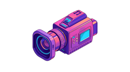 Futuristic isometric digital camcorder with vibrant pink and purple neon accents