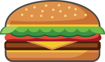 Vector art of a mouthwatering cheeseburger featuring a beef patty, melted cheese, fresh lettuce, and tomato on a sesame seed bun, isolated on white