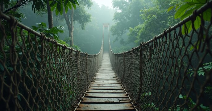 Fototapeta Suspended rope bridge stretching across jungle canopy with weathered rope and wooden planks spanning between dense treetops.