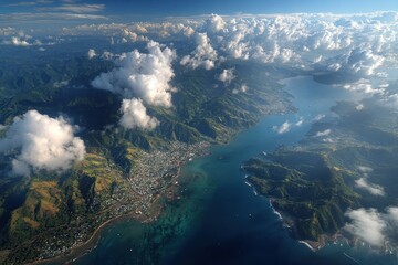 Aerial view of Dili, Timor Leste showing the coast, city, and mountains under partly cloudy sky on a sunny day